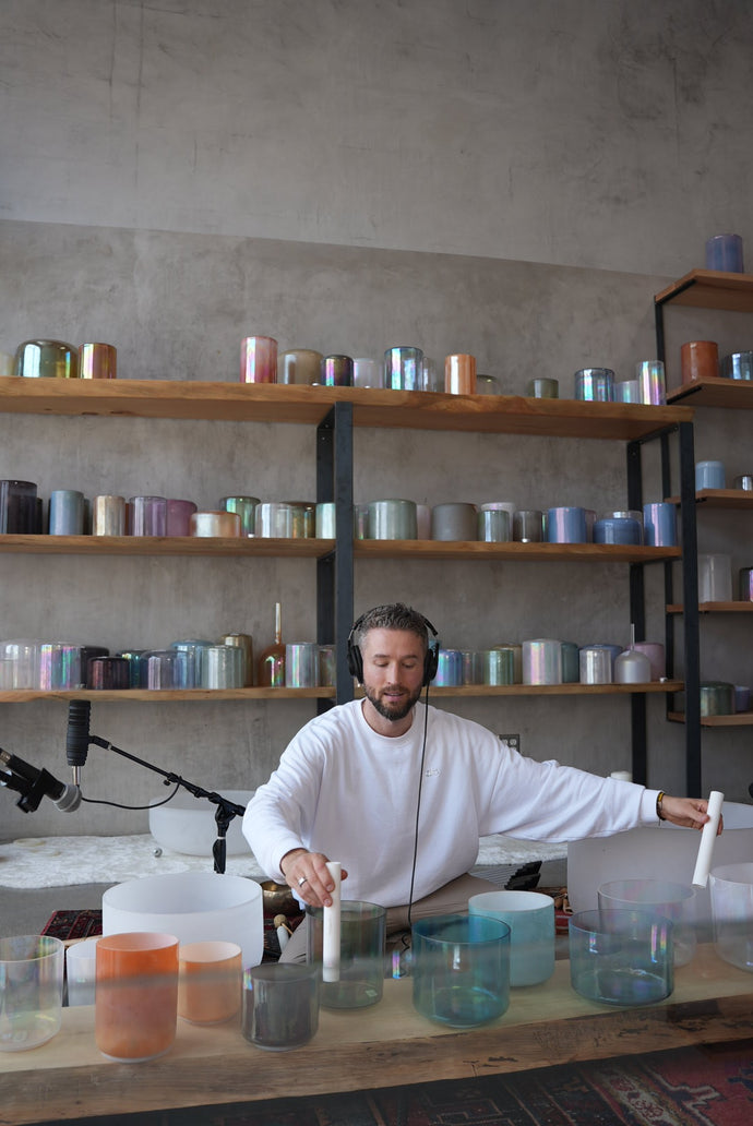 Avery Whitmore Playing Healing Instruments in The Sound Healing Studio - Founder and Global Sound Meditation Facilitator