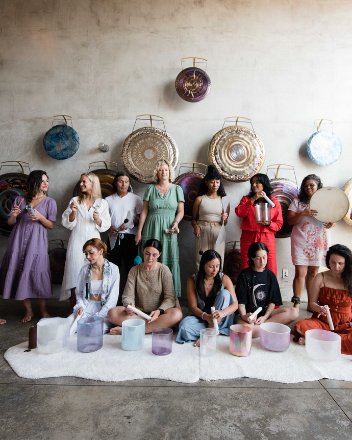 Sound healing training session in Los Angeles, featuring participants engaging with crystal singing bowls and sound bath instruments for vibrational healing.