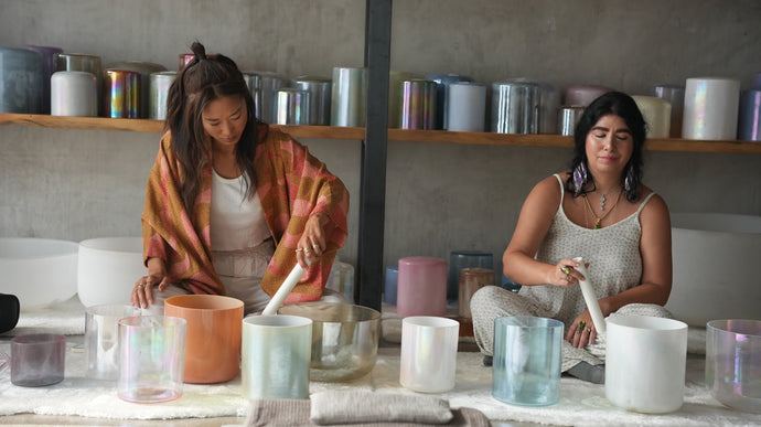 Women Playing Crystal Tones Singing Bowls - Immersive Sound Healing Session for Relaxation and Vibrational Healing