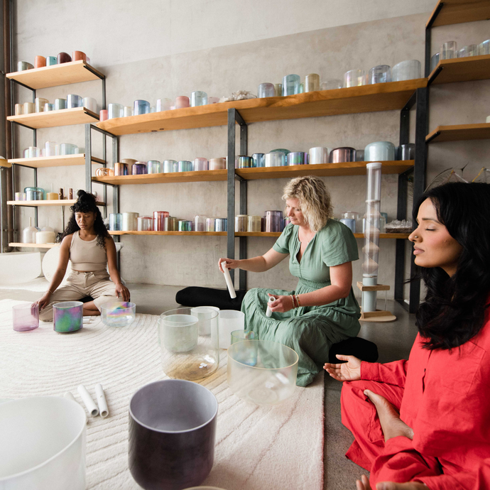 Sound healing studio in Los Angeles with singing bowls, gongs, and healing instruments for sound bath experiences and training