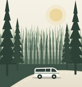 Shuttle van on a road through the redwoods — airport shuttle to Spirit Camp