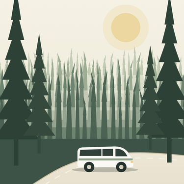 Shuttle van on a road through the redwoods — airport shuttle to Spirit Camp