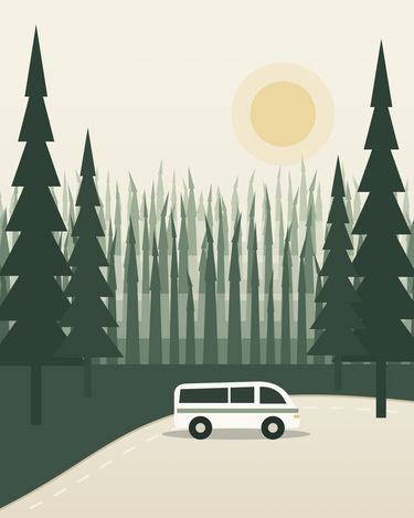 Shuttle van on a road through the redwoods — airport shuttle to Spirit Camp